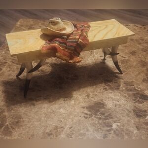 9" X 7" Rustic Ceramic Longhorn Bench with Multicolor Blanket Cowboy Hat Accent